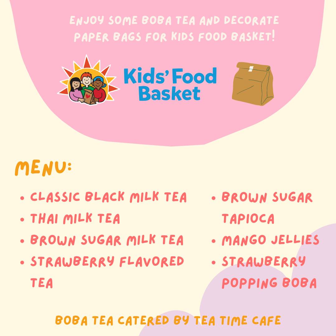 Instagram Flyer for Boba Social page 2. The boba tea on the menu includes: classic black milk tea, thai milk tea, brown sugar milk tea, strawberry flavored tea, brown sugar tapioca, mango jellies, and strawberry popping boba.